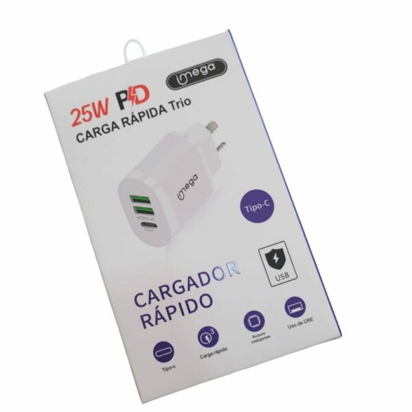 Cargador con cable C Imega 25w con 3 conexiones, carga rápida.