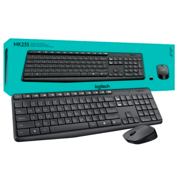 Teclado y Mouse Inalámbrico Logitech MK235 color negro con pila incluida
